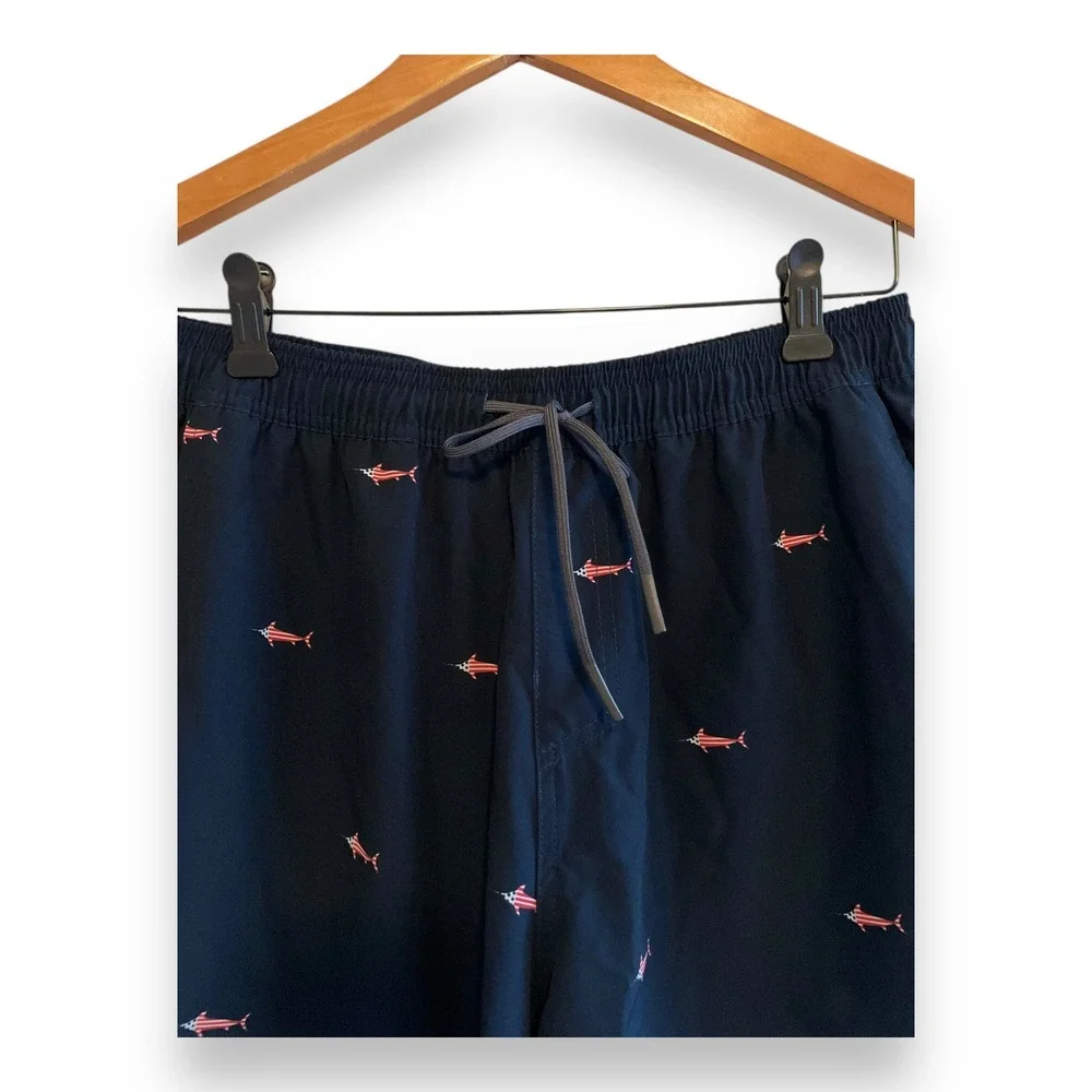 AFTCO Men's Navy Blue American Flag Marlin Print Swim Trunks Shorts Medium